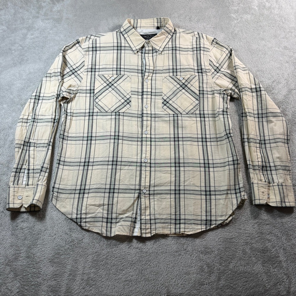 Rag & Bone Gus Plaid Button Down Shirt Mens XL‎ Beige Long Sleeve Cotton Utility